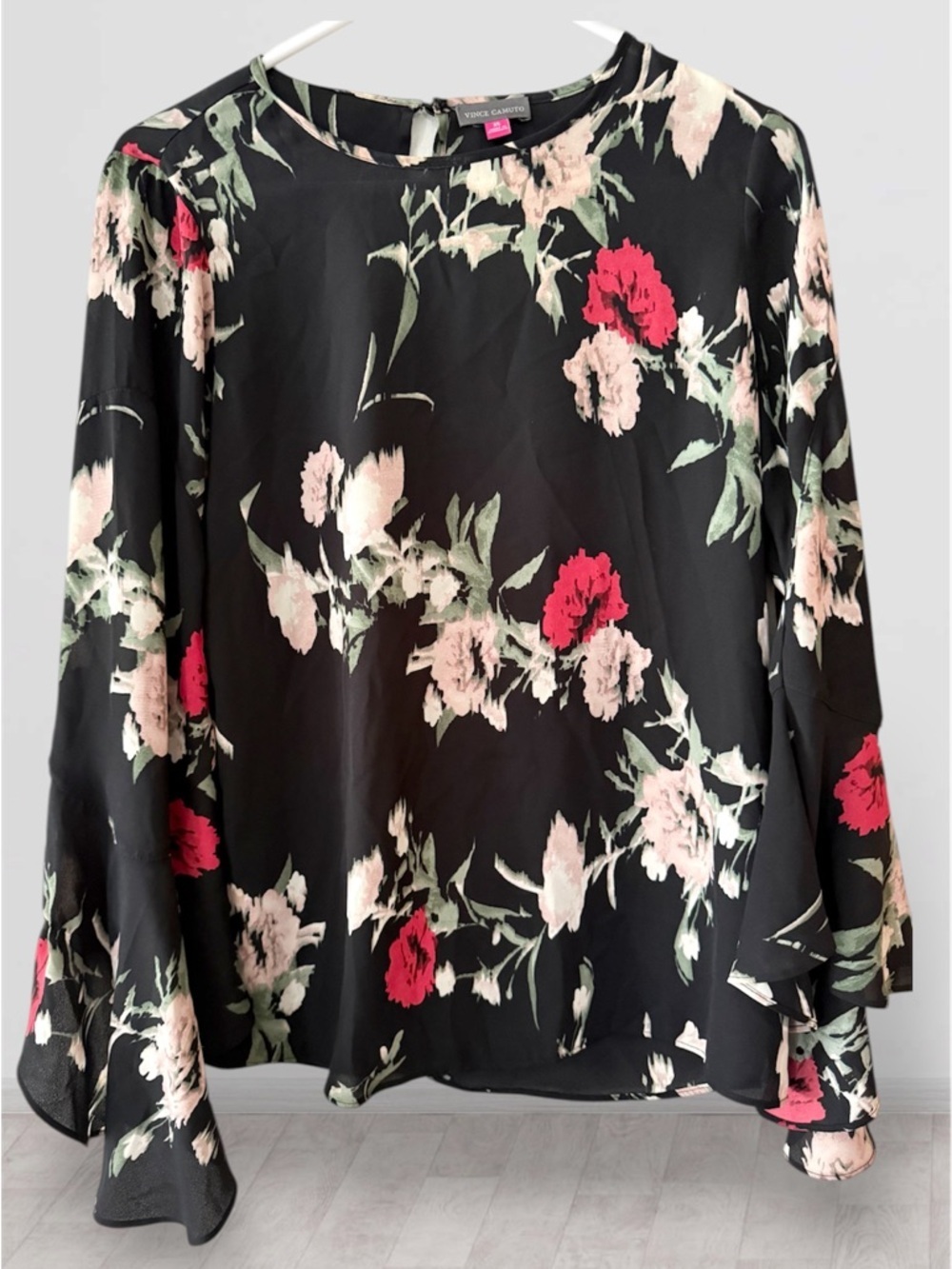 Vince Camuto Floral Bell Sleeve Blouse Black Pink XS